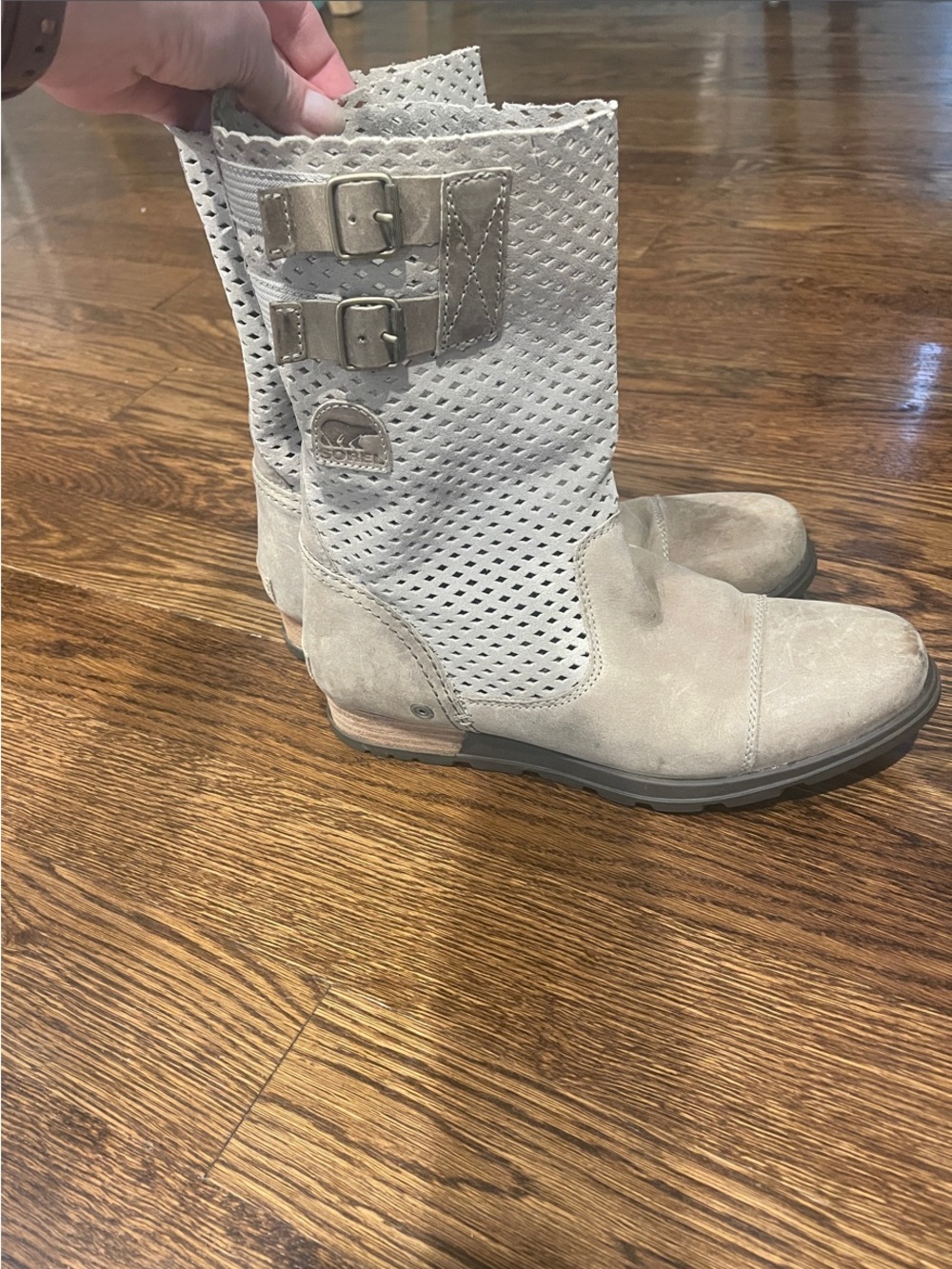 Sorel Perforated Suede Mid-Calf Buckle Boots - Light Taupe
